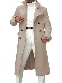 Men's Notch Lapel Double Breasted Long Trench Coat Casual Cotton Blend Peacoathalloween - 米色 - 查看 2