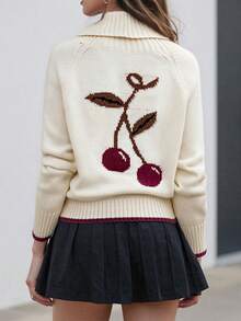 Women Button Up Sweaters Casual Cherry Pattern Long Sleeves Knit Cardigans Warm Fall Knitwear For Streetwear - Beige - View 3