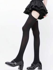 1 双 - 女士开裆连裤袜，夏季薄款甜美天鹅绒长及膝袜 - 彩色 - 查看 3