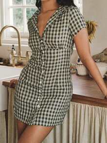 Women Plaid Shirt Dress Slim Fit Collared Short Sleeve Button-Up A-Line Mini Dress Casual Summer Streetwear - Black - View 2