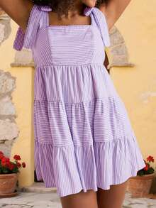 Women Sleeveless Mini Dress Casual Summer Tie Up Strap Striped Print A-Line Party Dress For Beach Club Streetwear - 紫色 - 查看 2
