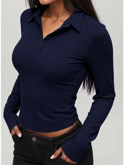 Women's Sportswear Casual Tight-Fitting Polo Collar V-Neck Long Sleeve Top, Suitable For Outdoor Leisure, Running, Sports, Yoga And Exercise Spring