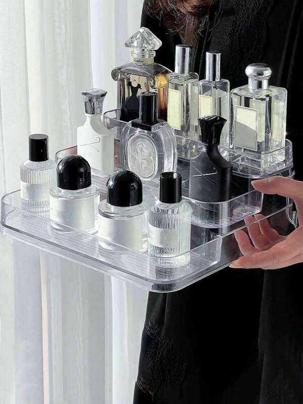 1pc Minimalist Transparent Makeup Organizer, Perfume Organizer, Nail Polish Organizer, Stylish Tiered Cosmetic Display Stand,For Holiday Beach, Bathroom Collection, Bedroom Collection, Large Capacity