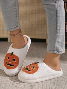 New Halloween Pumpkin Head Thick Plush Slippers, Warm Indoor/Outdoor Anti-Slip Wear-Resistant Fluffy Slippers For Men & Women, Autumn/Winter