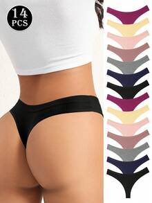 14 Pieces Of Women's Underwear Low Waisted Cotton Thong - Soft And Breathable V-Shaped Pants, Solid Color Simple Women's Underwear, Sexy Triangle Pants, 7 Solid Color S-XL Sizes To Choose From, Ribbed Elastic Comfortable Non Transparent Casual Wear, Daily Essential, Fashionable Style, Soft And Breathable, Modern Women's - 彩色 - 查看 3