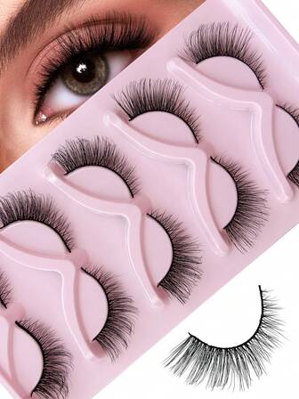 5 对猫眼睫毛 3D 蓬松纤细凌乱仿貂毛睫毛自然眼尾细长条状睫毛交叉黑带狐狸眼假睫毛礼物送给女士妈妈妻子姐妹青少年女朋友