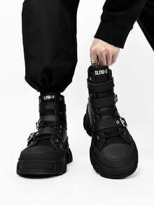 SLnU3 男士时尚厚底摩托车靴，纯色朋克街头学院风休闲工作服风格夜店户外扣式酷炫四季百搭