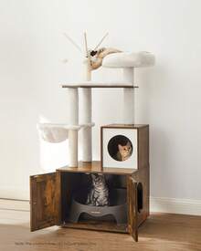 WoodyWonders Cat Tree With Litter Box Enclosure, 2-In-1 Modern Cat Tower, Cat Condo With Scratching Posts, Removable Pompom Sticks, Washable Cushions, Rustic Brown - Brown - View 2