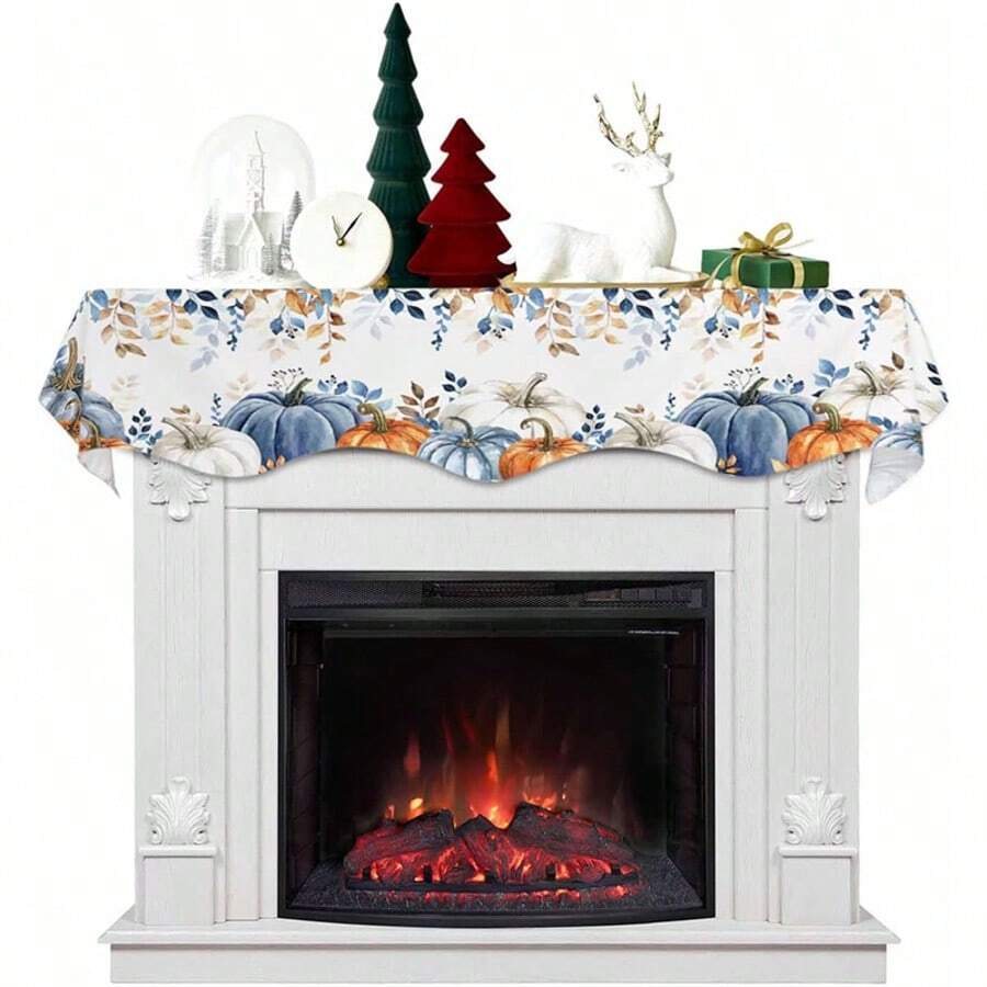 1 Stück blau-orange Kürbis Herbst Kaminsims Schal Abdeckung, Thanksgiving botanische Blätter Kaminsims Schals Kaminsims Regal Tischläufer für saisonale Feiertagsparty Heim Dekorationen