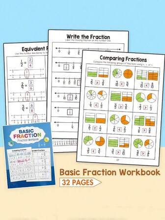 32-Page A4 Workbook For Kids - Basic Fraction Recognition, Size Comparison, Coloring & Fill-In Exercises | 23-Page Fraction Practice Book - Comparing & Equivalent Fractions, Visual Learning Activities, Writing Exercises & Real-World Examples | Math Resource For Home, School & Classroom Use - Practical Application, Homeschool Curriculum, Interactive Learning, Colorful Worksheets, High-Quality Printing, Elementary Students, Parents Educating At Home