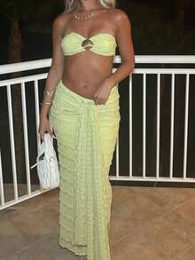 Women Summer Outfits Cute Shells Crop Bandeau Tops And Elastic Tie Front Skirt Set For Streetwear Aesthetic Clothes - màu xanh lá - Xem 4