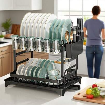 Dish Rack, Kitchen Storage Rack, Black And White Simple Dish Storage Rack, Space-Saving, Multi-Functional Kitchen Cutlery Hanger, Cup Holder