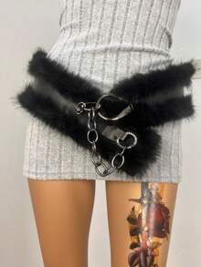 万圣节腰带，节日礼物，明星同款毛茸茸链条水钻宽腰带，适合Abby Millennium Hottie OOTD造型，Y2K毛绒皮带秋季，秋季，万圣节 - 彩色 - 查看 4