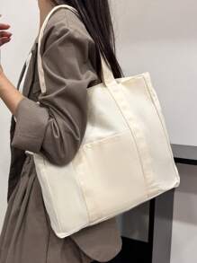 女士纯色帆布手提包，容量大，时尚，适合上学、休闲、旅行、街头风格、极简主义