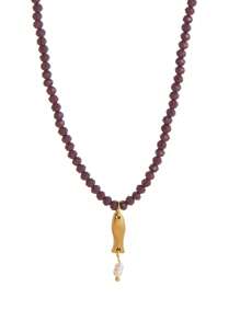 1 件红色仿珍珠珠彩色珠十字海星贝壳小鱼棕榈吊坠项链，电镀 18K 金，适合派对和日常使用，可以送给妻子、母亲、女朋友、女士时尚首饰、女士吊坠项链、电镀金首饰、串珠项链 - 彩色 - 查看 9