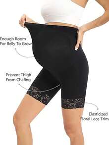 Legging de Cintura Alta Cor de Pele para Gestantes, Calcinha e Legging de Cor Sólida com Barra de Renda para Gravidez - Preto - Visão 4