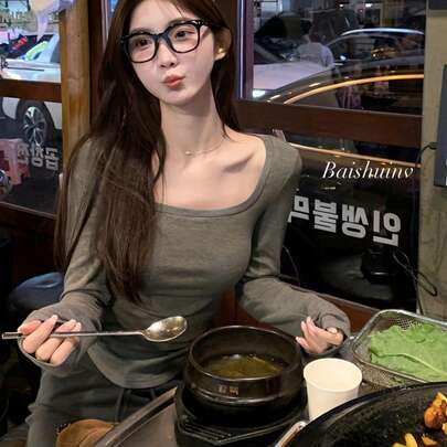 여성용 허리 잡아당김 스퀘어 넥 티셔츠, 슬림 핏, 독특한 디자인, 초가을용 긴팔 탑, 한국 스타일