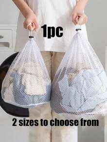Pacote com 1 bolsa de malha para lavanderia com cordão, bolsa grande de poliéster branco para máquina de lavar, bolsa para guardar roupas íntimas, bolsa para guardar meias, adequada para banheiro, organização de roupas, armazenamento doméstico, armazenamento em dormitório, volta às aulas, viagem de negócios, itens essenciais para viagem, dia do professor - Branco - Ver 1