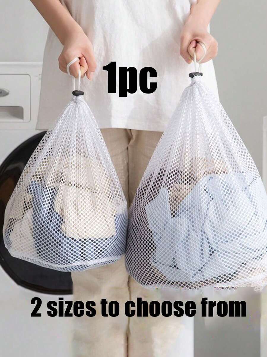 Pacote com 1 bolsa de malha para lavanderia com cordão, bolsa grande de poliéster branco para máquina de lavar, bolsa para guardar roupas íntimas, bolsa para guardar meias, adequada para banheiro, organização de roupas, armazenamento doméstico, armazenamento em dormitório, volta às aulas, viagem de negócios, itens essenciais para viagem, dia do professor - Branco - Ver 1