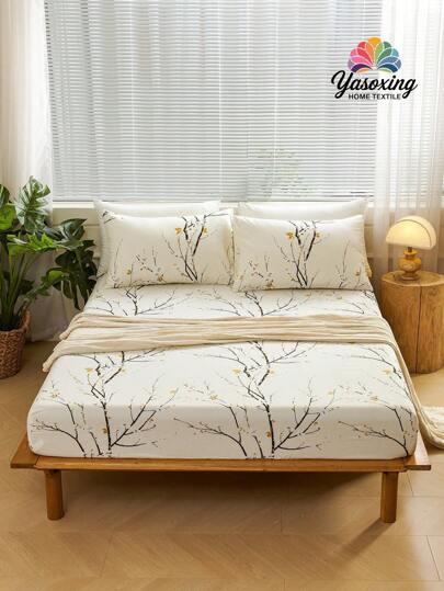 3pcs /Set Beige Plum Blossom Branch Flower Pattern Fitted Sheet Set Without Filler, Fitted Sheet Set For Bedroom Brushed Microfiber Breathable Comfortable 1pc Fitted Sheet+2pcs Pillow Case Without Filler, Back School Bedding Dormitory Bedding Set