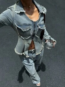 Siren Gaze 女士休闲磨边牛仔夹克，春秋 - 藍色 - 查看 4