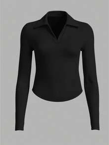 Damen Sportbekleidung Lässig eng anliegendes Polokragen V-Ausschnitt Langarmoberteil, geeignet für Outdoor-Lässig, Laufen, Sport, Yoga und Fitness