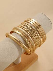 25pcs Exaggerated Fashion Geometric Round Disc Wide Bangle Set, Textured Pattern Multilayer Bracelet Suit, Suitable For Women Daily Wear, Dating, Party, Gift, Holiday - Yellow Gold - View 4