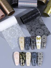10卷/盒金属波西米亚指甲转印箔烫金银玫瑰金白黑蕾丝曼陀罗花蝴蝶图案星空纸贴纸贴花DIY奢华全息Y2K沙龙美甲设计美甲装饰配件美甲用品 - 彩色 - 查看 9