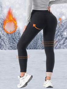 1 件女式高腰保暖紧身裤，双面羊毛柔软面料 - 弹性、修身、高腰、纯色、厚冬季运动保暖紧身裤、柔软瑜伽裤，适合秋冬季寒冷天气 - 黑色 - 查看 5