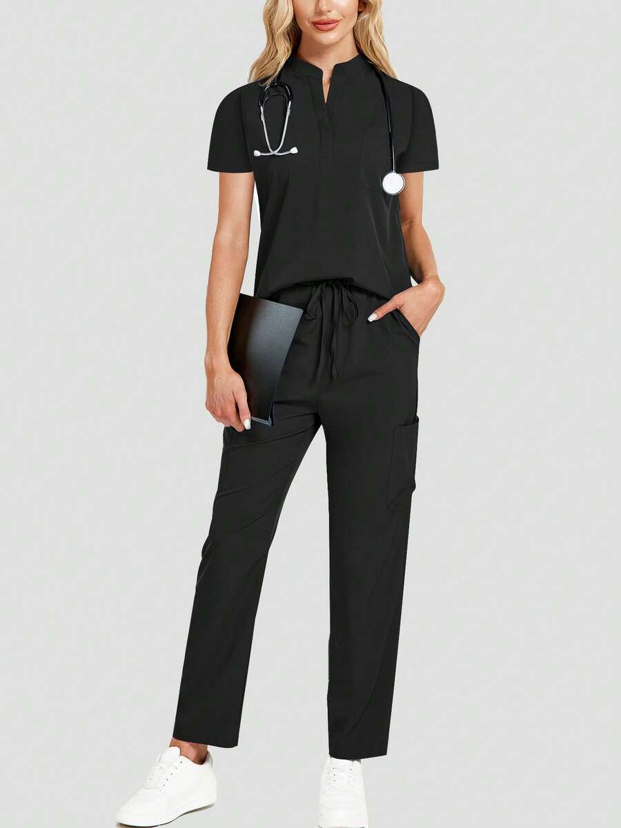 Women's Surgical Gown Navy Blue Suit, Breathable High Quality Fabric, Sports Nursing Work Clothes, With Pockets, Multi-Pocket Design, Trouser Hem Slits, Wholesale Fashion Surgical Gown Suit Dental Hospital Uniform Suit Solid Color Surgical Gown Suit Women's Jogging Pants Suit Laboratory Hospital Pet Care - 黑色 - 查看 1