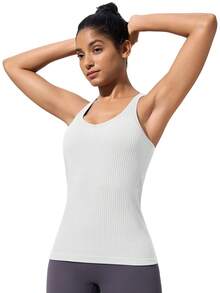 Workout Tank Tops For Women With Built In Bra, Seamless V Neck Tops Fitness Workout Yoga Shirts - trắng - Xem 4
