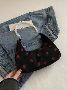 时尚珍珠链手提包，花卉面料休闲新月草莓图案单肩托特包女士