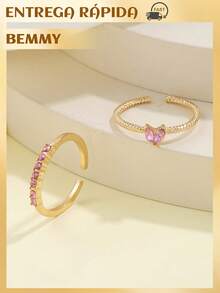 BEMMY 2 Piece Elegant Heart Shaped Ring With Rhinestone, Suitable For Women To Wear Daily And Dinner Parties - 玫瑰金色 - 查看 2