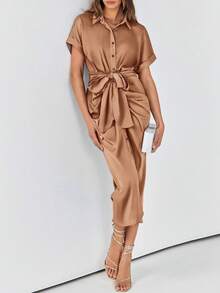 Women's Satin SIlky Button Down Ruched Shirt Dresses Short Sleeve Lapel V-Neck Belted Dress Elegant Spring Summer Wedding Evening Valentine Long Midi Dress - Màu kaki đỏ nhạt - Xem 4