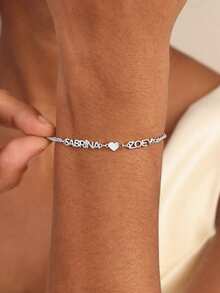 Customizable Multiple Name Bracelet, Personalized 2 Name Bracelet, Personalized Name Cuban Link Bracelet, Stainless Steel Jewelry, Valentine's Day/Mother's Day Gift, Gold, Silver, Fashion, Colorful, Retro, Minimalist, 2000 , Personalized, Unique, Ideal Gift, Boyfriend, Girlfriend, Dad, Mom, Family, Friend, Anniversary, Birthday, Graduation, Dance, Party, Adjustable - Silver - View 4