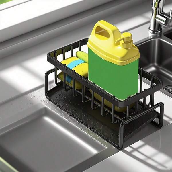 1 قطعة رف منظم لحوض المطبخ المعدني مع حامل أدوات المائدة وحامل الإسفنجة وحامل المنشفة، بهيكل شبكي أسود بسيط قابل للتصريف، رف تخزين مناسب للمطبخ/الحمام، أدوات المطبخ، يمكن استخدامه كهدية عيد الميلاد/هالوين للعائلة!