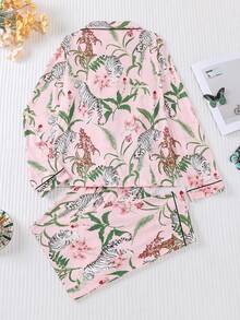 Conjunto de pijama de 2 piezas con estampado floral y de tigre para mujer en otoño e invierno, top de manga larga con cuello de solapa y pantalones sueltos de cintura elástica, ropa de casa casual, conjunto de dos piezas, ropa de otoño - Rosa - Ver 10