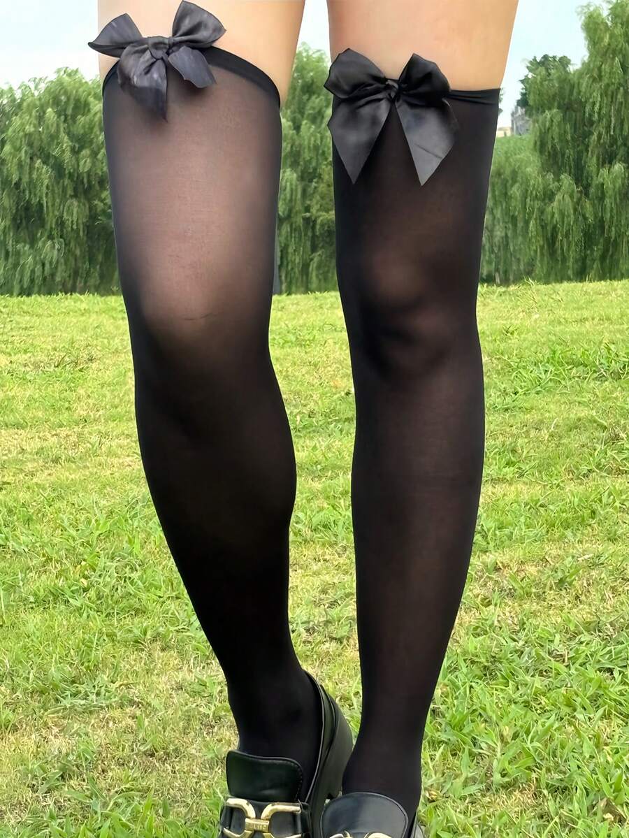 女士长筒袜1双装，夏季薄款防勾丝高筒袜，及膝大腿隐形蕾丝美腿袜 - 黑色 - 查看 1