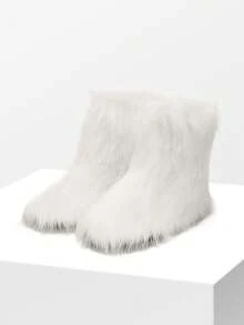 Women's Faux Fur Boot Furry Fluffy Round Toe Suede Winter Comfy Plush Warm Short Outdoor Indoor Flat Shoes Mid-Calf Boots Suitable For Party Festivals Festivals White Boots - 白色 - 查看 9