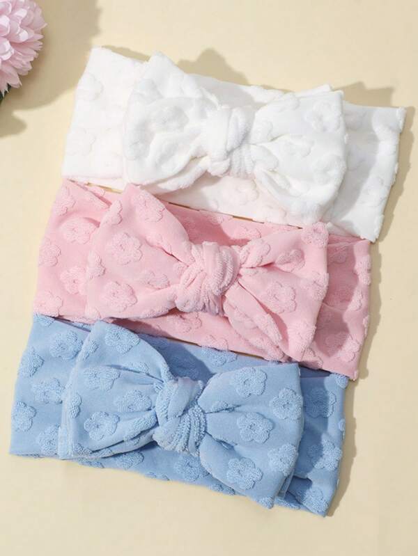 3 pièces/set Nouveau bandeau bébé à double couche doux avec nœud, pour l'automne/hiver. Bandeau bébé en tissu jacquard floral. Couvre-fontanelle bébé à large bordure