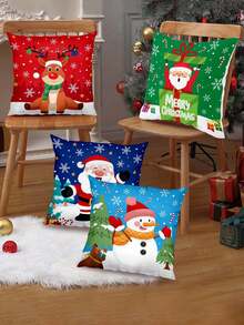 45*45cm Cute Cartoon Christmas Reindeer, Santa Claus, Snowman Pattern Decorative Pillow Cover, Christmas Decoration For Indoor And Outdoor Party, Living Room, Bedroom, Sofa (No Pillow Insert) - Multicolor - View 8