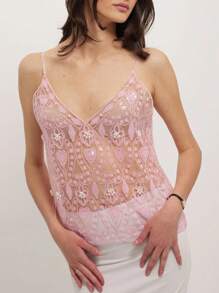 Women Semi See Through Sparkly Tank Top Sleeveless V Neck Floral Sequin Camisole Dance Rave Outfits