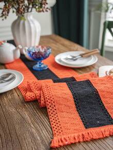 1 pièce Chemin de table tissé pour Halloween, nappe à rayures orange avec franges ajourés, convient pour Halloween, festivals quotidiens, rassemblements, fêtes, décoration de la maison, fond pour la photographie - Multicolore - Voir 8