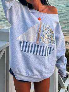 Women Y2k Off The Shoulder Tops Long Sleeve Asymmetrical Sweatshirt Loose Fit Pullover Tops Tee Shirt Vintage Graphic Hoodies Aesthetic Clothes Streetwear Fall Spring Outfit - 灰色 - 查看 2