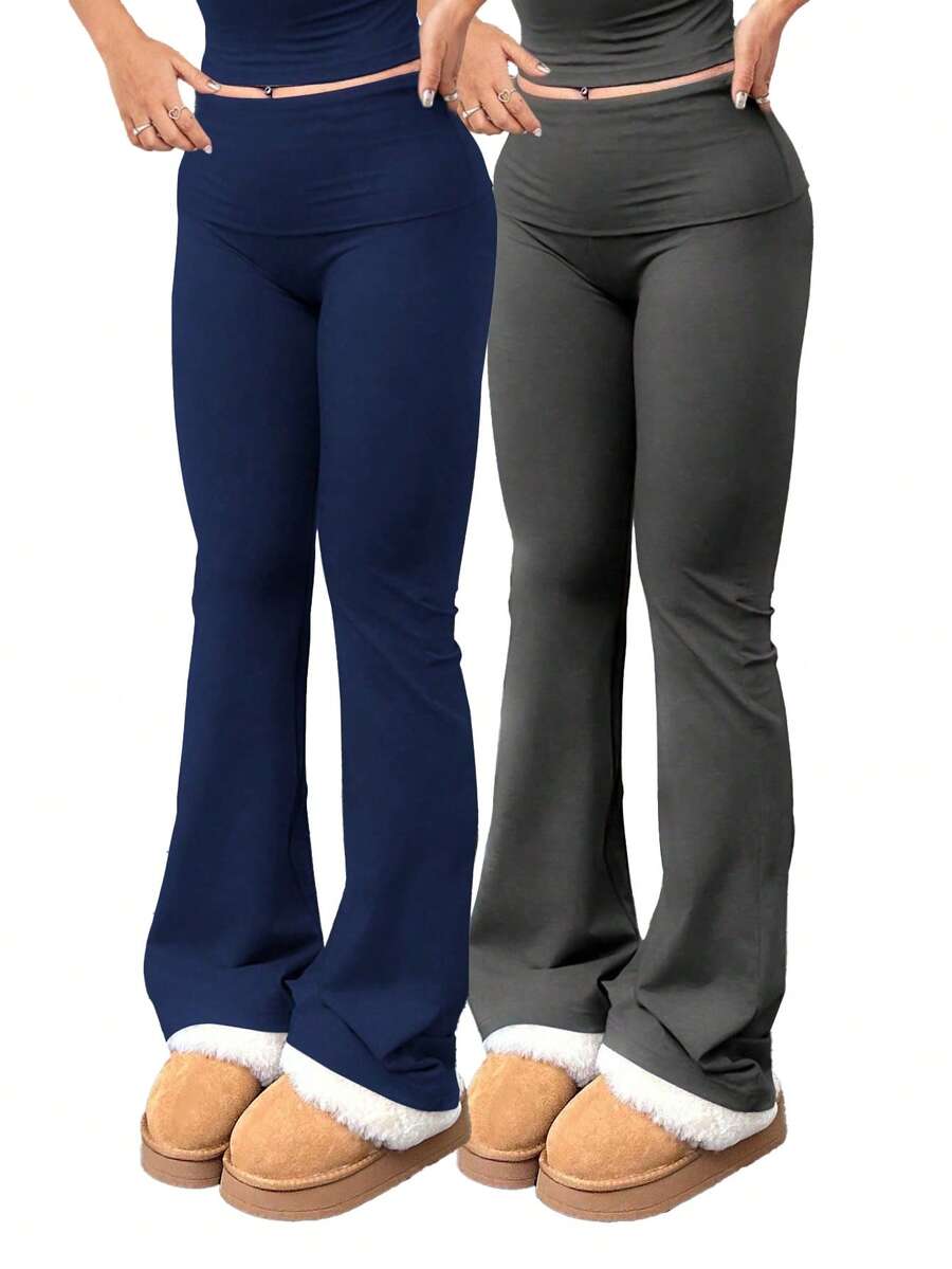 2pcs/Set Trouser Style Yoga Pants For Women Elastic Waist Gym Workout Flare Leggings Casual High Waisted Bootcut Yoga Pants - Xanh navy + xám đậm - Xem 1