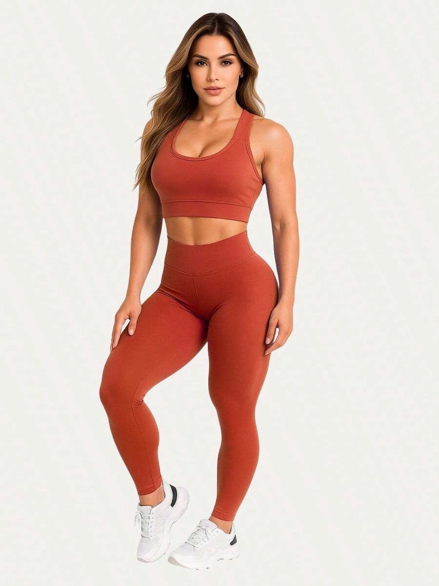 Leggings And Top Set For Gym Fitness Walking Bodybuilding Smooth Suplex A01 - Terracota - 查看 1