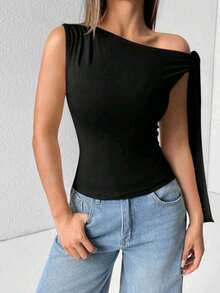 Elegant Suplex T-Shirt Top With Asymmetrical Shoulders And Straps, Ideal For Daily Use, Outings, Nightclubs, Parties, Halloween Costumes - 黑色 - 查看 2