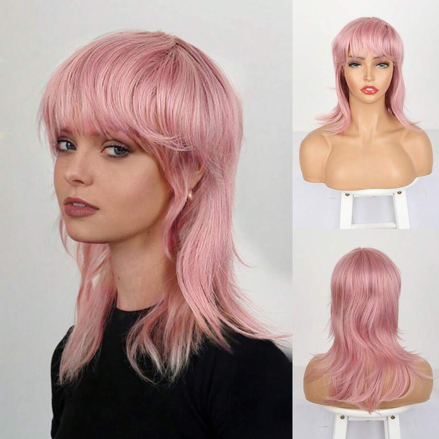 Straight Mullet Pixie Haircut With Bangs Layered Shaggy Mullet Wigs For Women,70s 80s Short Layered Shag Pixie Cut Wig Synthetic Wolf Cut Mullets Wig For Women 14inch(Pink) - 粉色 - 查看 1