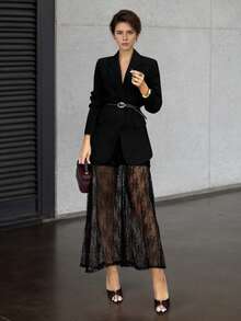 1 Set Women's Solid Color Button Blazer & Lace Skirt Suit Set, Casual Autumn/Winter