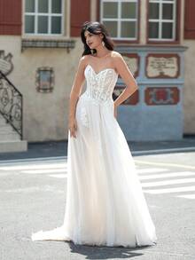 ANGELAG Strapless Heart-Shaped Lace Embroidered Beaded Slit Long Wedding Dress - Rice Skin - View 7